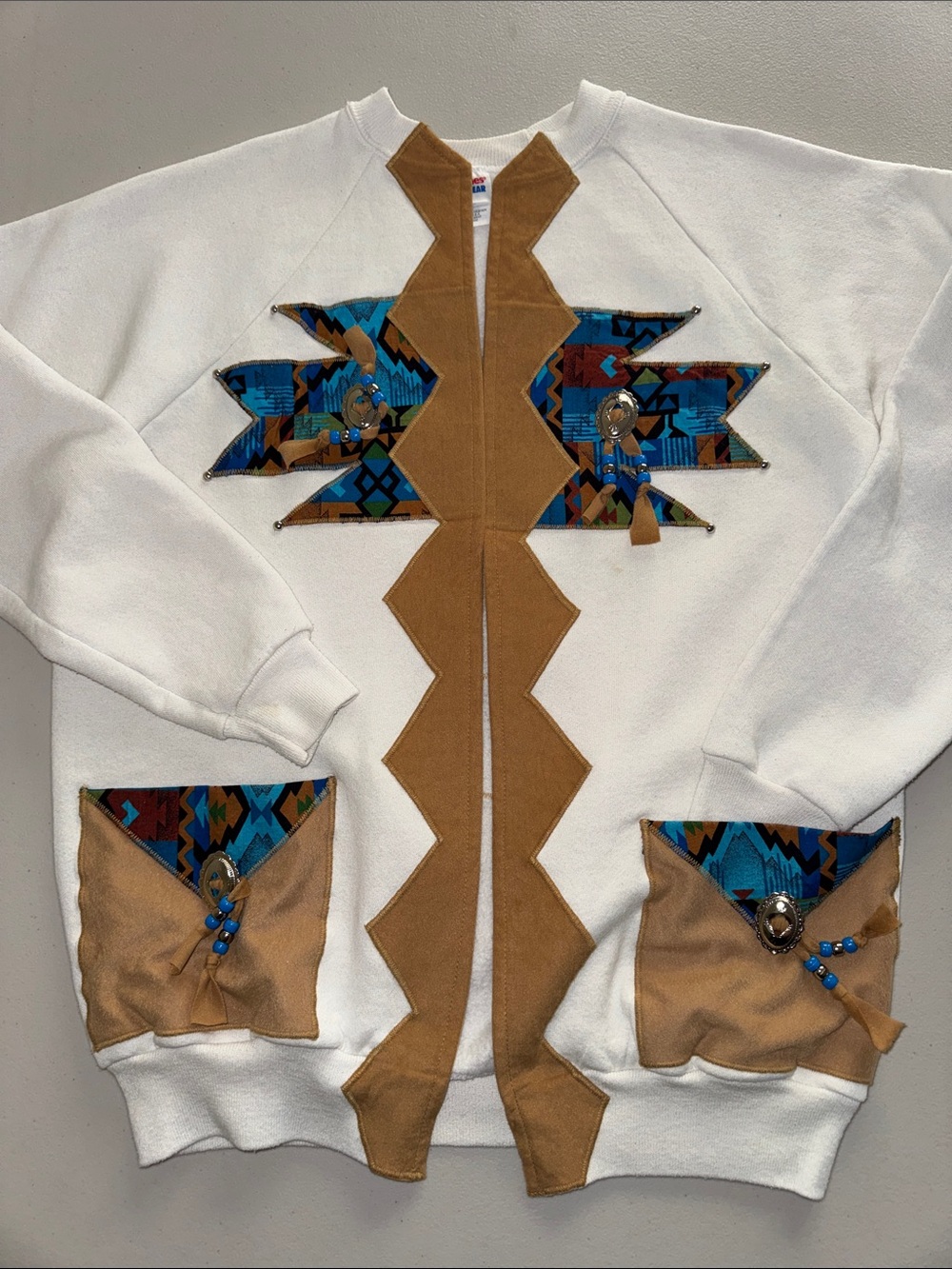 Hanes White Sweatshirt with Tan Trim and Blue Patchwork Accents